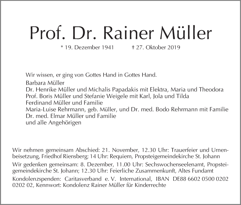  Traueranzeige für Rainer Müller vom 09.11.2019 aus 