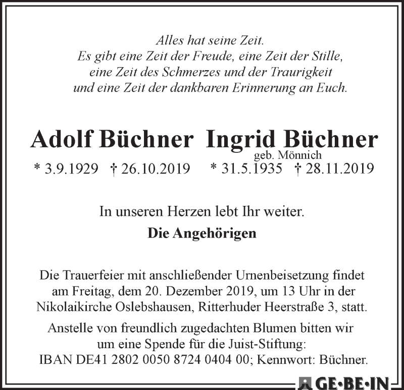 Traueranzeige von Adolf und Ingrid Büchner von WESER-KURIER