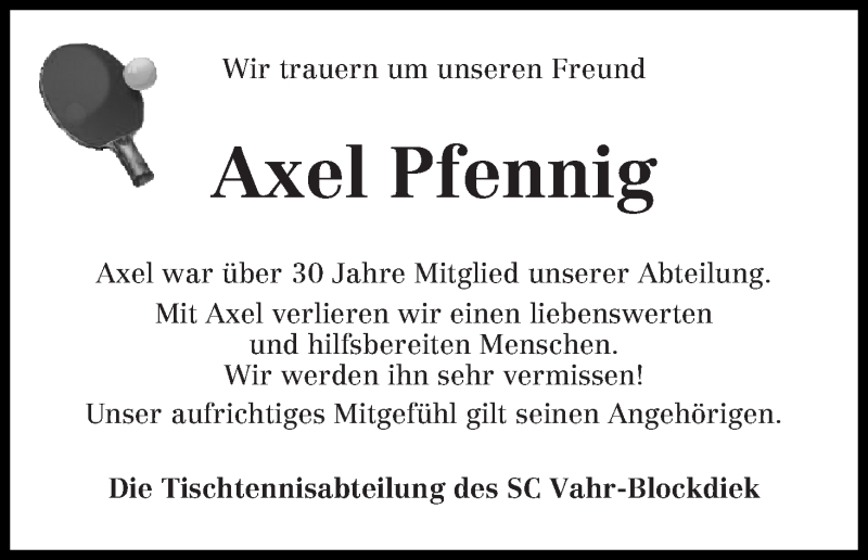  Traueranzeige für Axel Pfennig vom 21.12.2019 aus WESER-KURIER