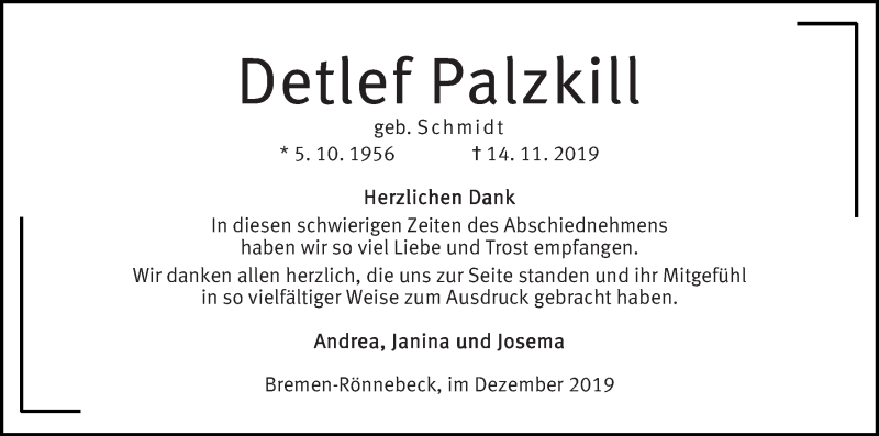  Traueranzeige für Detlef Palzkill vom 14.12.2019 aus Die Norddeutsche
