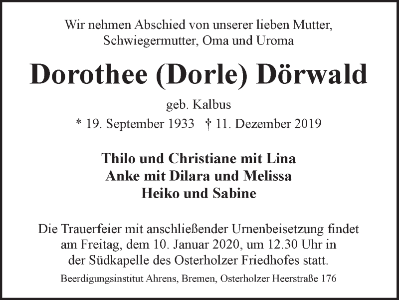  Traueranzeige für Dorothee Dörwald vom 28.12.2019 aus WESER-KURIER