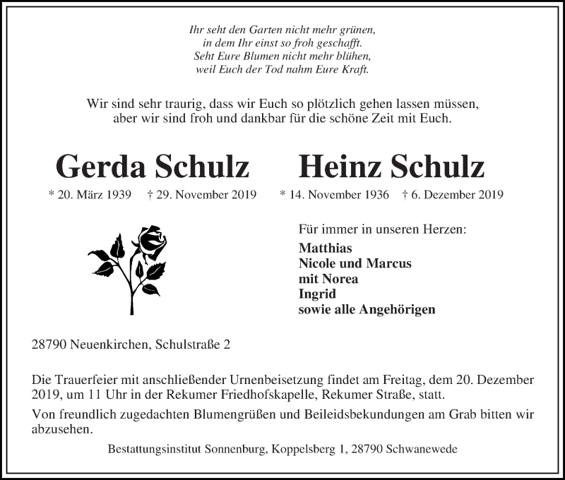 Traueranzeige von Gerda und Heinz Schulz von Die Norddeutsche