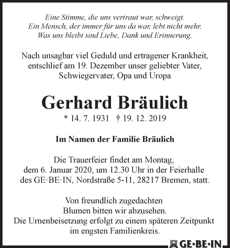 Traueranzeige von Gerhard Bräulich von WESER-KURIER