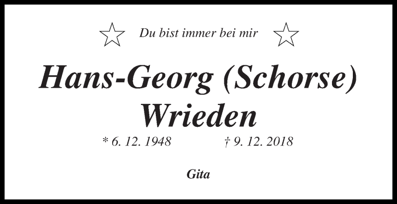  Traueranzeige für Hans-Georg (Schorse) Wrieden vom 09.12.2019 aus WESER-KURIER