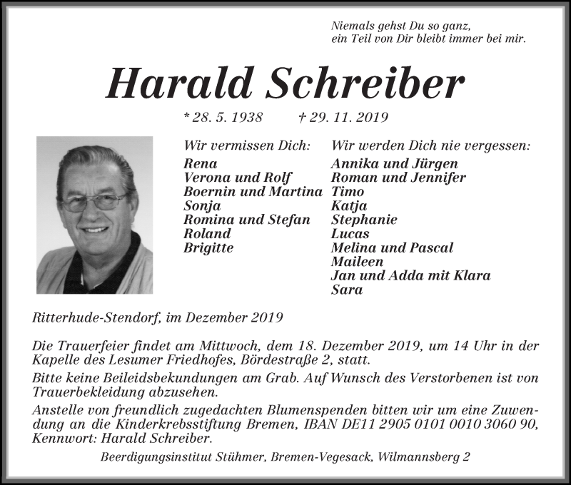  Traueranzeige für Harald Schreiber vom 07.12.2019 aus Osterholzer Kreisblatt