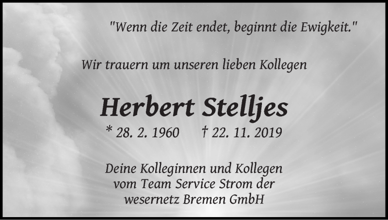  Traueranzeige für Herbert Stelljes vom 04.12.2019 aus WESER-KURIER