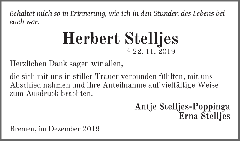  Traueranzeige für Herbert Stelljes vom 28.12.2019 aus WESER-KURIER