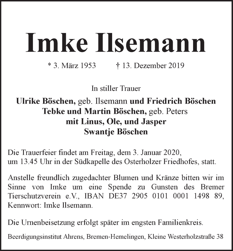  Traueranzeige für Imke Ilsemann vom 28.12.2019 aus WESER-KURIER