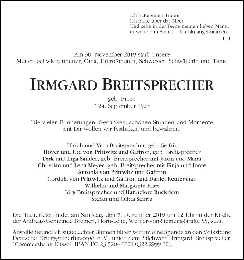  Traueranzeige für Irmgard Breitsprecher vom 04.12.2019 aus WESER-KURIER
