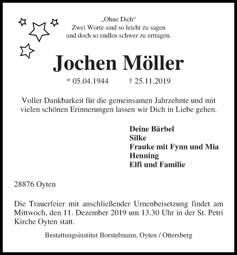  Traueranzeige für Jochen Möller vom 07.12.2019 aus WESER-KURIER