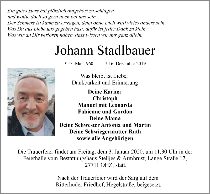  Traueranzeige für Johann Stadlbauer vom 21.12.2019 aus Osterholzer Kreisblatt