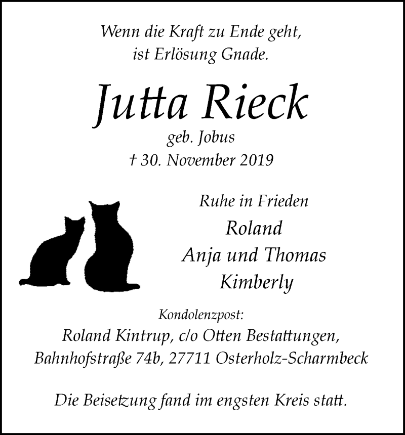  Traueranzeige für Jutta Rieck vom 07.12.2019 aus Osterholzer Kreisblatt