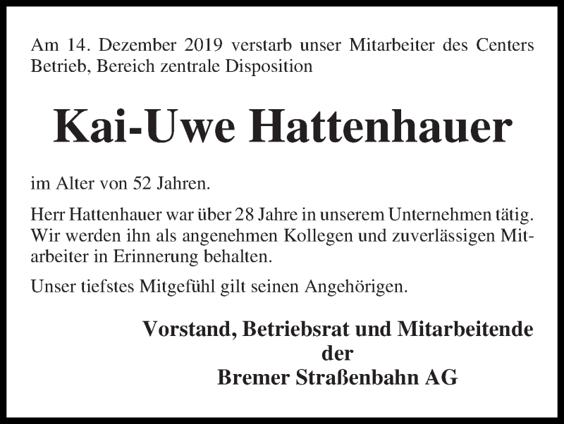  Traueranzeige für Kai-Uwe Hattenhauer vom 18.12.2019 aus WESER-KURIER