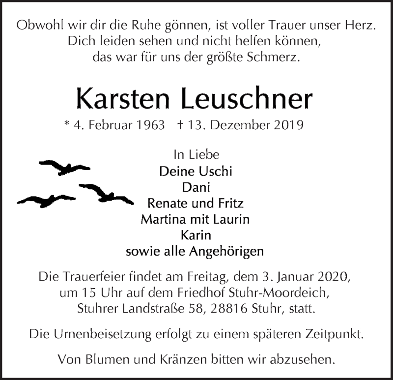  Traueranzeige für Karsten Leuschner vom 21.12.2019 aus WESER-KURIER