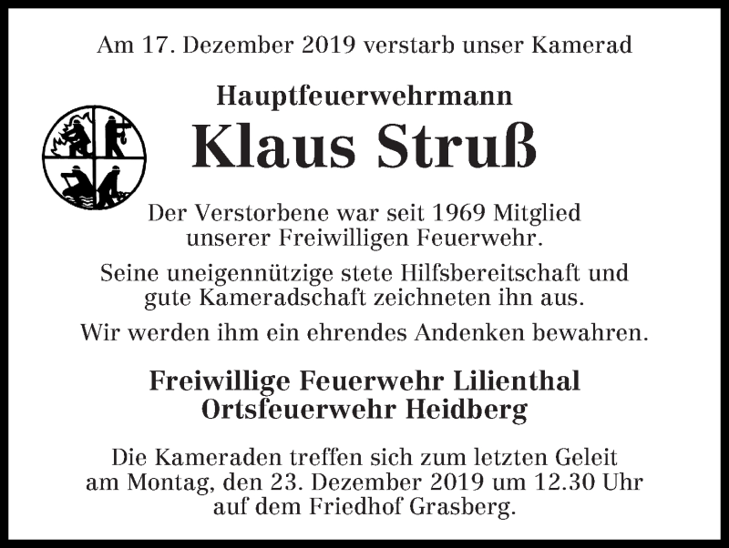 Traueranzeige von Klaus Struß von Wuemme Zeitung