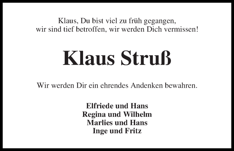 Traueranzeige von Klaus Struß von Wuemme Zeitung