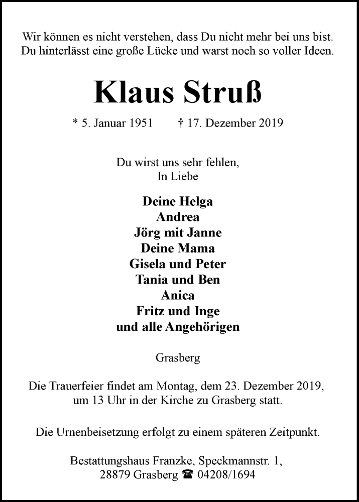 Traueranzeige von Klaus Struß von Wuemme Zeitung