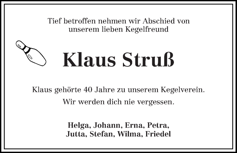 Traueranzeige von Klaus Struß von Wuemme Zeitung