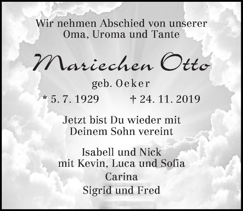  Traueranzeige für Mariechen Otto vom 07.12.2019 aus WESER-KURIER
