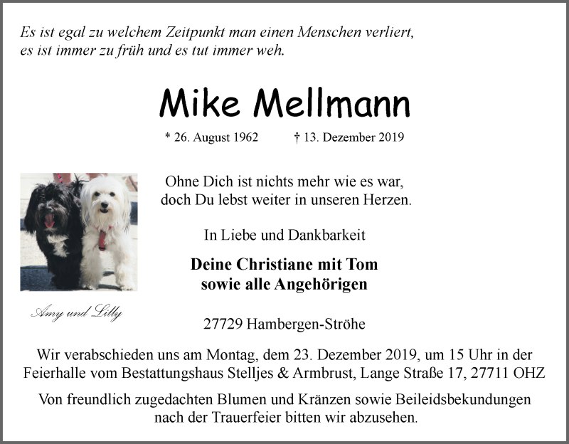  Traueranzeige für Mike Mellmann vom 19.12.2019 aus Osterholzer Kreisblatt