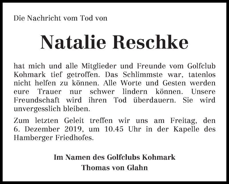  Traueranzeige für Natalie Reschke vom 05.12.2019 aus Osterholzer Kreisblatt