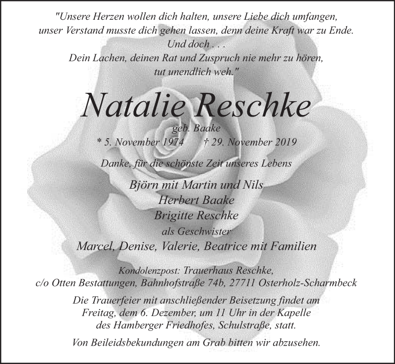  Traueranzeige für Natalie Reschke vom 03.12.2019 aus Osterholzer Kreisblatt