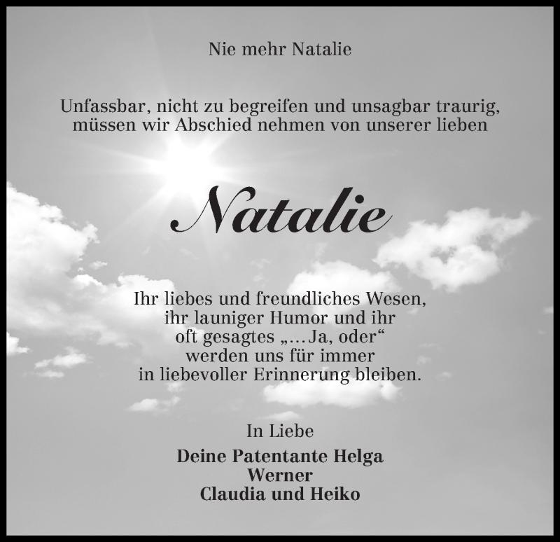  Traueranzeige für Natalie Reschke vom 04.12.2019 aus Osterholzer Kreisblatt