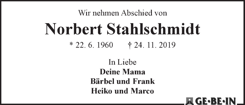  Traueranzeige für Norbert Stahlschmidt vom 04.12.2019 aus WESER-KURIER