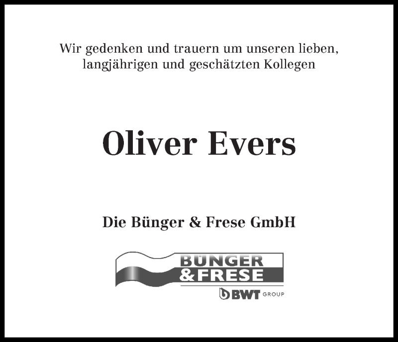  Traueranzeige für Oliver Evers vom 19.12.2019 aus WESER-KURIER