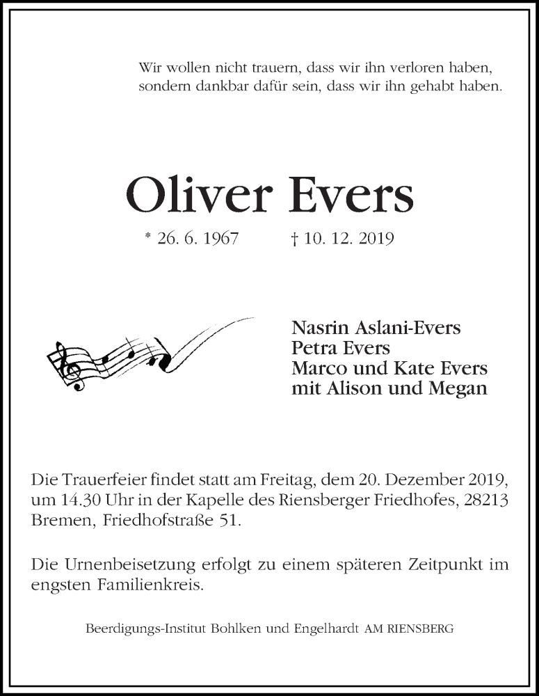  Traueranzeige für Oliver Evers vom 14.12.2019 aus WESER-KURIER