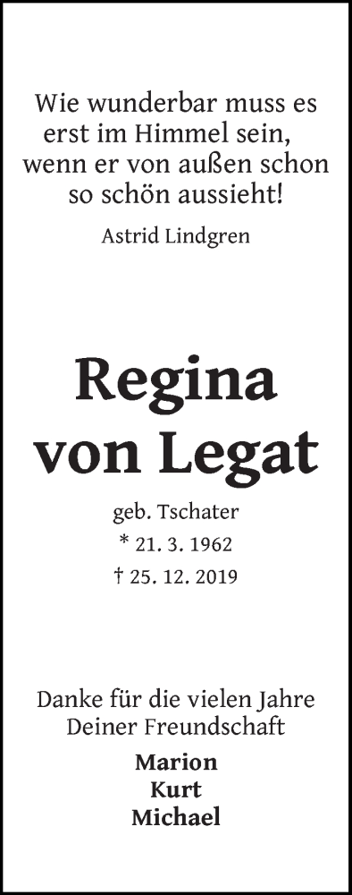  Traueranzeige für Regina von Legat vom 31.12.2019 aus WESER-KURIER