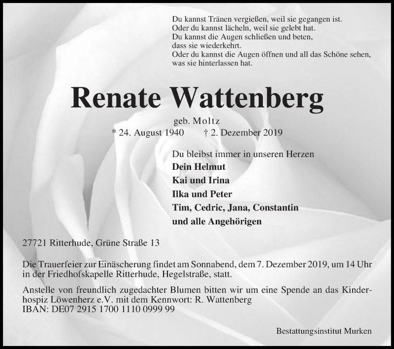  Traueranzeige für Renate Wattenberg vom 05.12.2019 aus Osterholzer Kreisblatt