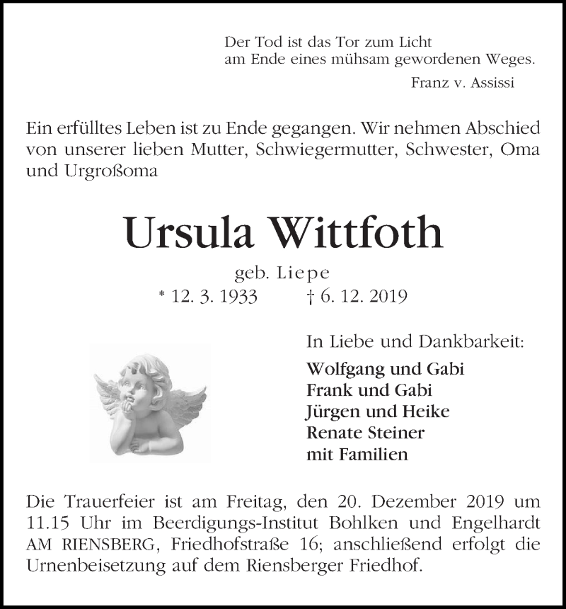 Traueranzeige von Ursula Wittfoth von WESER-KURIER