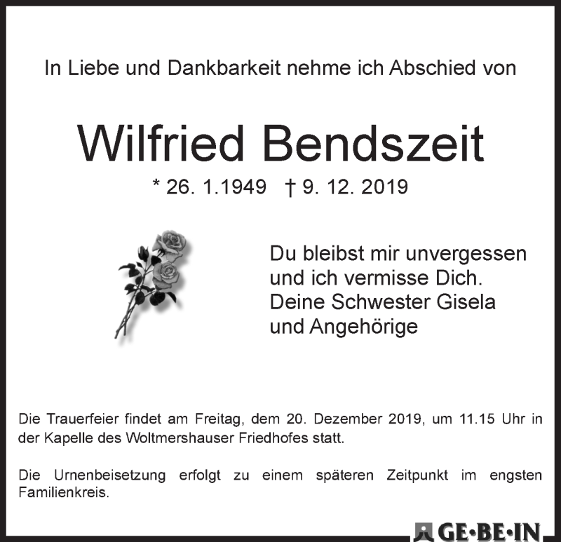  Traueranzeige für Wilfried Bendszeit vom 18.12.2019 aus WESER-KURIER