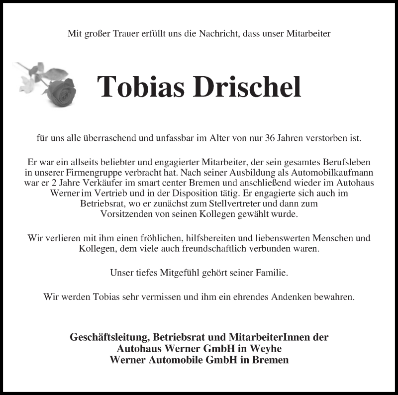  Traueranzeige für Tobias Drischel vom 26.02.2019 aus Regionale Rundschau/Syker Kurier