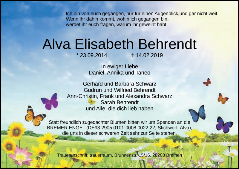  Traueranzeige für Alva Elisabeth Behrendt vom 23.02.2019 aus WESER-KURIER