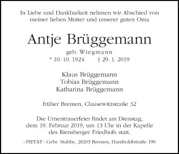 Traueranzeige von Antje Brüggemann