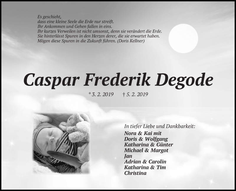  Traueranzeige für Caspar Frederik Degode vom 09.02.2019 aus Wuemme Zeitung