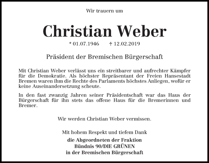  Traueranzeige für Christian Weber vom 16.02.2019 aus WESER-KURIER
