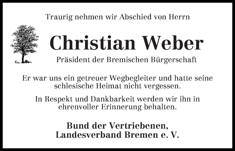  Traueranzeige für Christian Weber vom 25.02.2019 aus WESER-KURIER