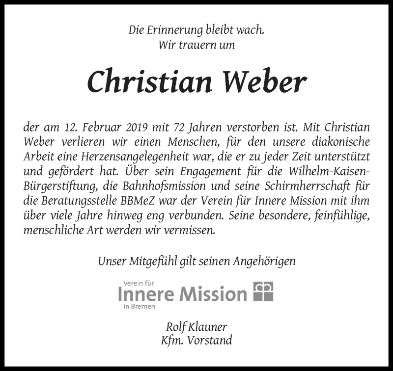  Traueranzeige für Christian Weber vom 20.02.2019 aus WESER-KURIER