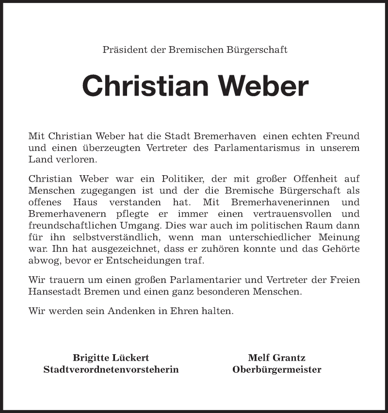  Traueranzeige für Christian Weber vom 16.02.2019 aus WESER-KURIER