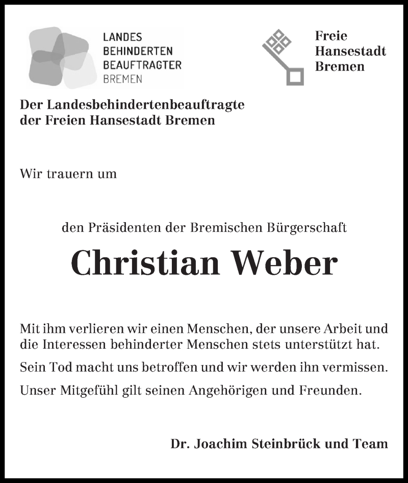  Traueranzeige für Christian Weber vom 20.02.2019 aus WESER-KURIER