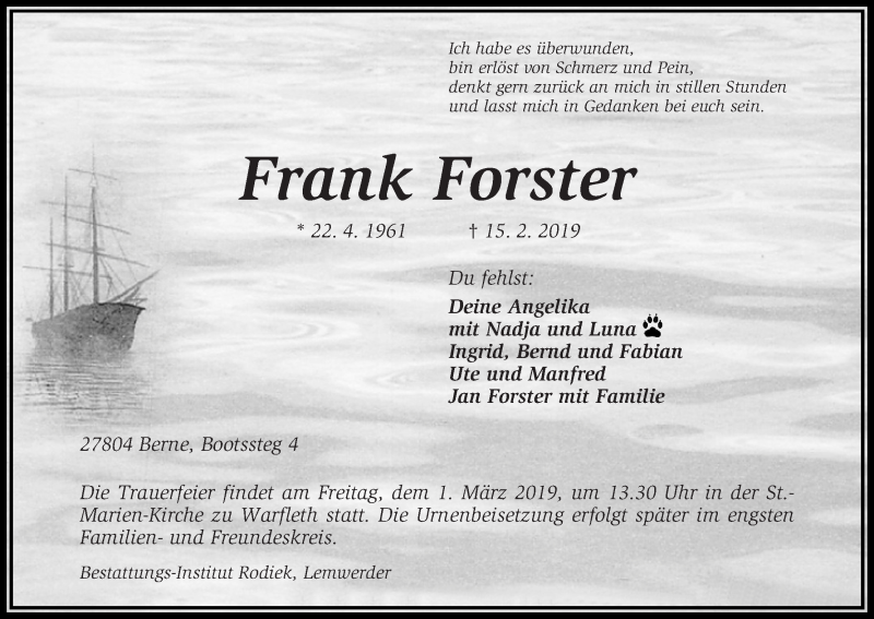  Traueranzeige für Frank Forster vom 23.02.2019 aus Die Norddeutsche