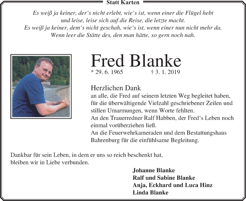  Traueranzeige für Fred Blanke vom 23.02.2019 aus Wuemme Zeitung