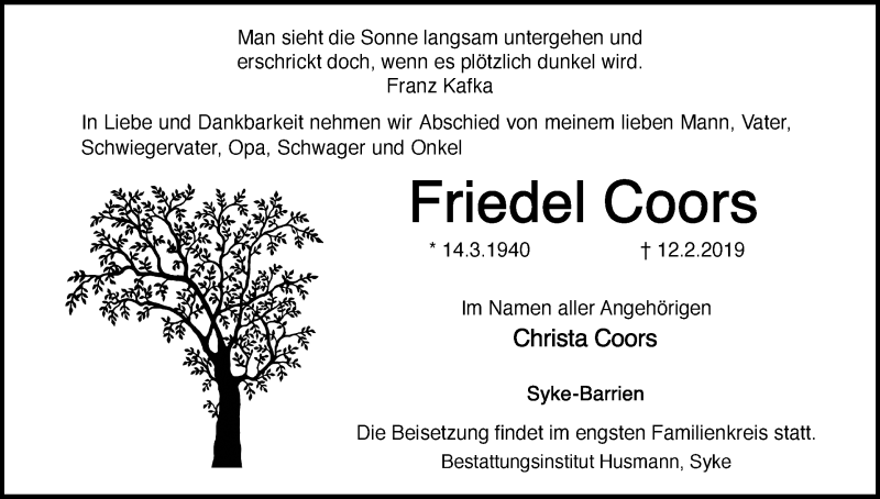  Traueranzeige für Friedel Coors vom 16.02.2019 aus WESER-KURIER
