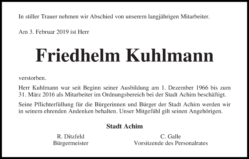  Traueranzeige für Friedhelm Kuhlmann vom 09.02.2019 aus Achimer Kurier/Verdener Nachrichten