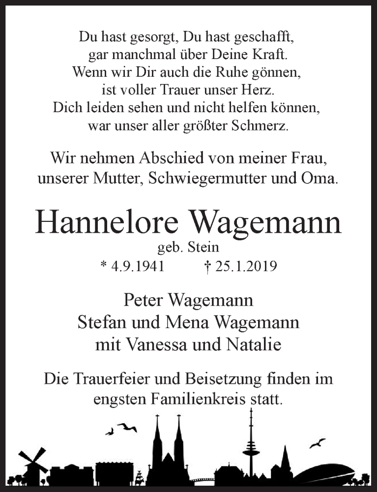  Traueranzeige für Hannelore Wagemann vom 02.02.2019 aus WESER-KURIER