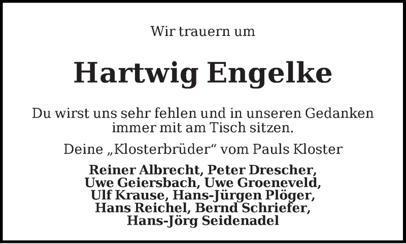  Traueranzeige für Hartwig Engelke vom 09.02.2019 aus WESER-KURIER