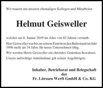 Traueranzeige von Helmut Geisweller